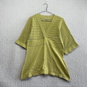 Y2K RW & CO Romantic Boho Knit Blouse Top Sz L Openwork lace Chartreuse Green
